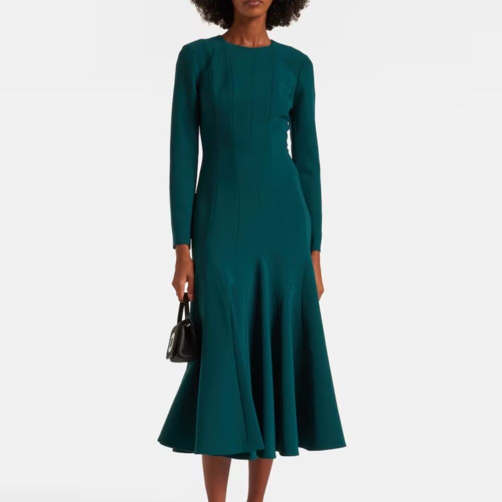 Carolina Herrera Crepe Pleated Midi Cocktail Dress Pine Green
